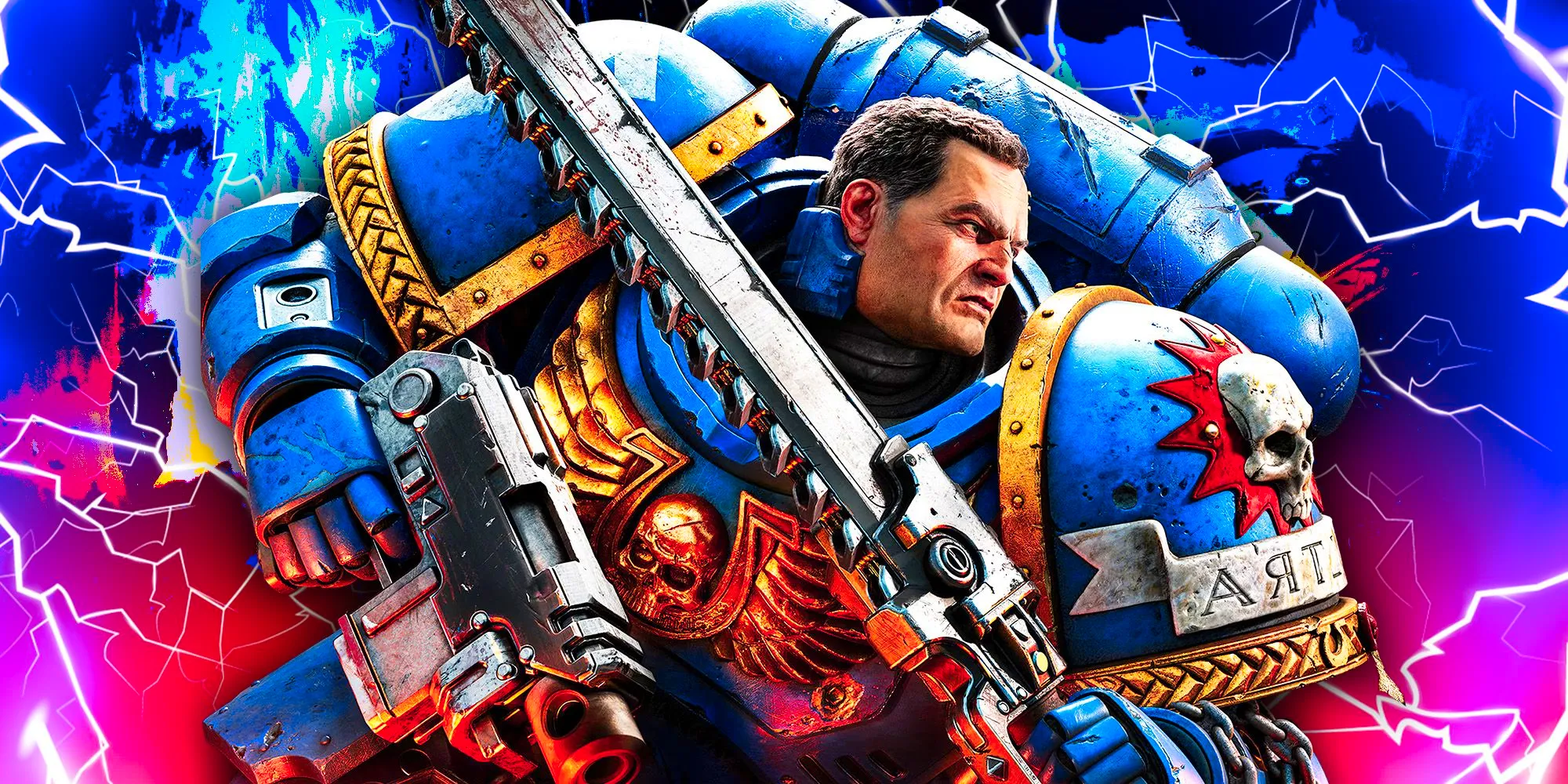 An edited screenshot from Warhammer 40K Space Marine 2 showing the character Titus wearing power armor, holding a serrated blade, and surrounded by bolts of lightning. Image