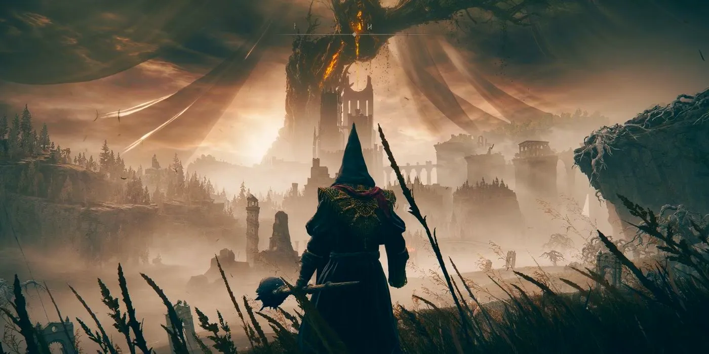 An Elden Ring: Shadow of the Erdtree player with a hood and mace looks out over the land Image