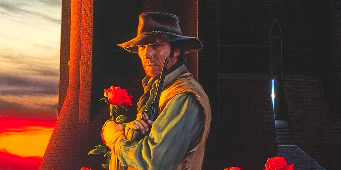 An illustration of Roland holding his pistol and a rose at the base of the tower from The Dark Tower book series Image