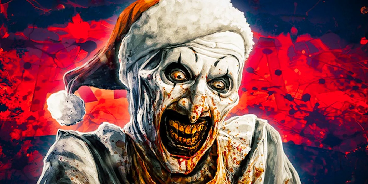 An illustration of Terrifier 3's Art the Clown on a red background Image