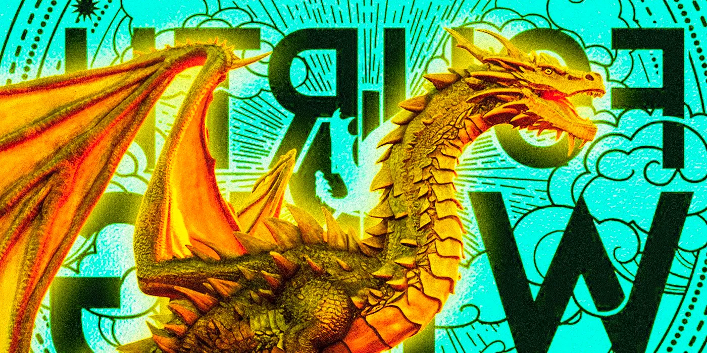 An image of a golden dragon in front of a cover of Rebecca Yarros' Fourth Wing turned blue Image