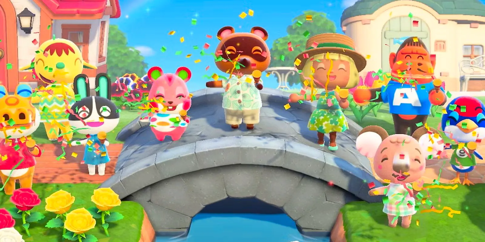 An image of a player celebrating the completion of a stone bridge with Tom Nook and various villagers in Animal Crossing: New Horizons. Image