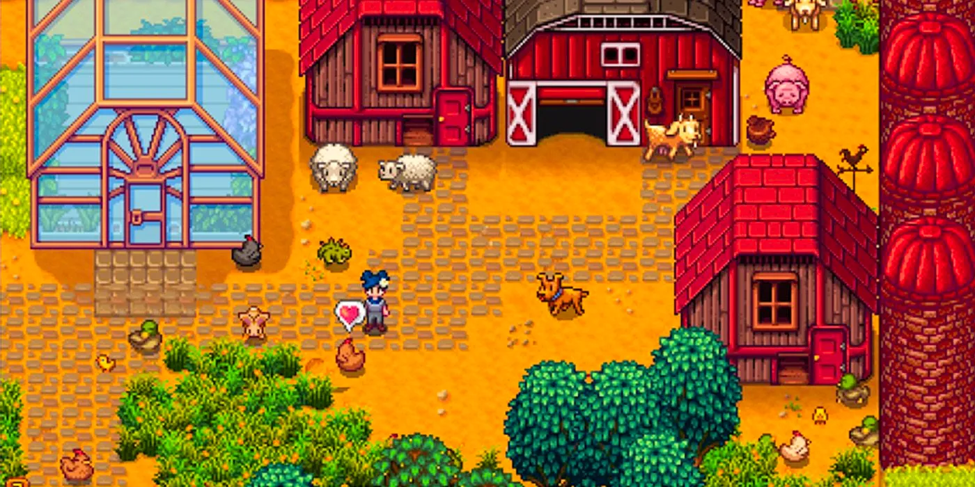 An image of a player trying to catch a chicken on a farm in Stardew Valley gameplay.  Image