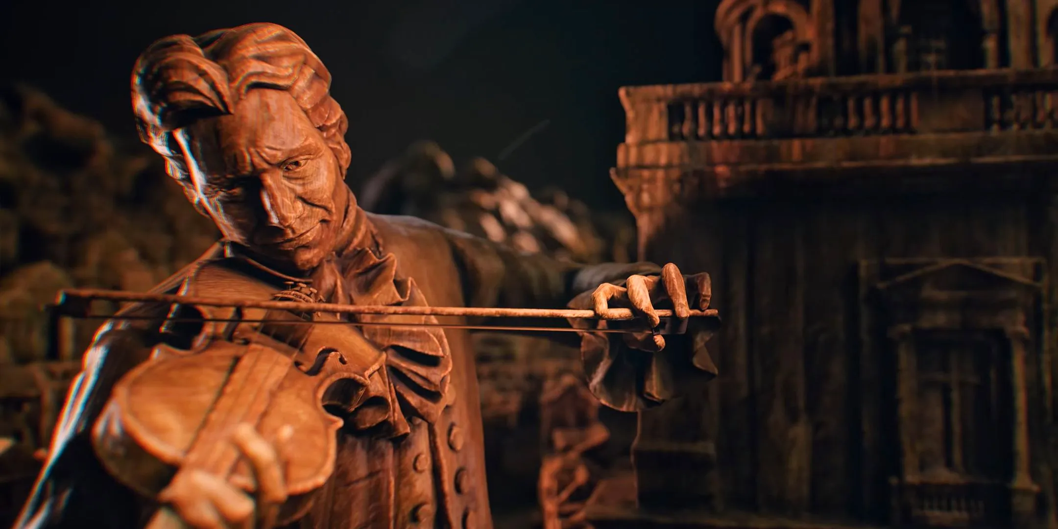 An image of a violinist Civilization 7, with the character appearing similar to an unpainted board game figurine. Image