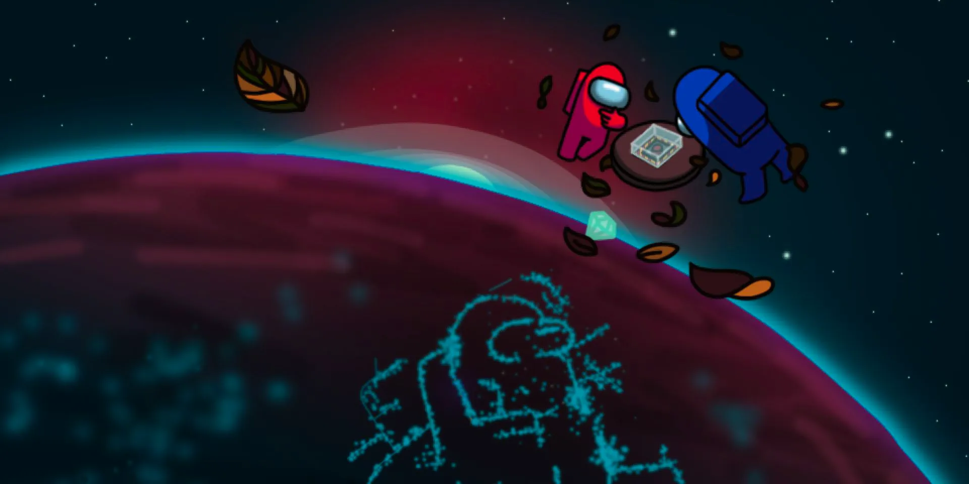 An image of Among Us Players working together in space.  Image