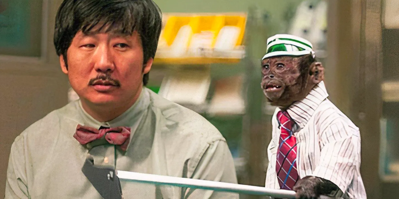 An image of Bobby Lee next to a monkey in the sitcom Animal Practice Image