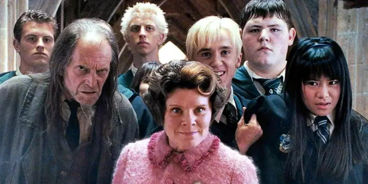 An image of Dolores Umbridge and a group of Slytherin students standing together in Harry Potter and the Order of the Phoenix Image