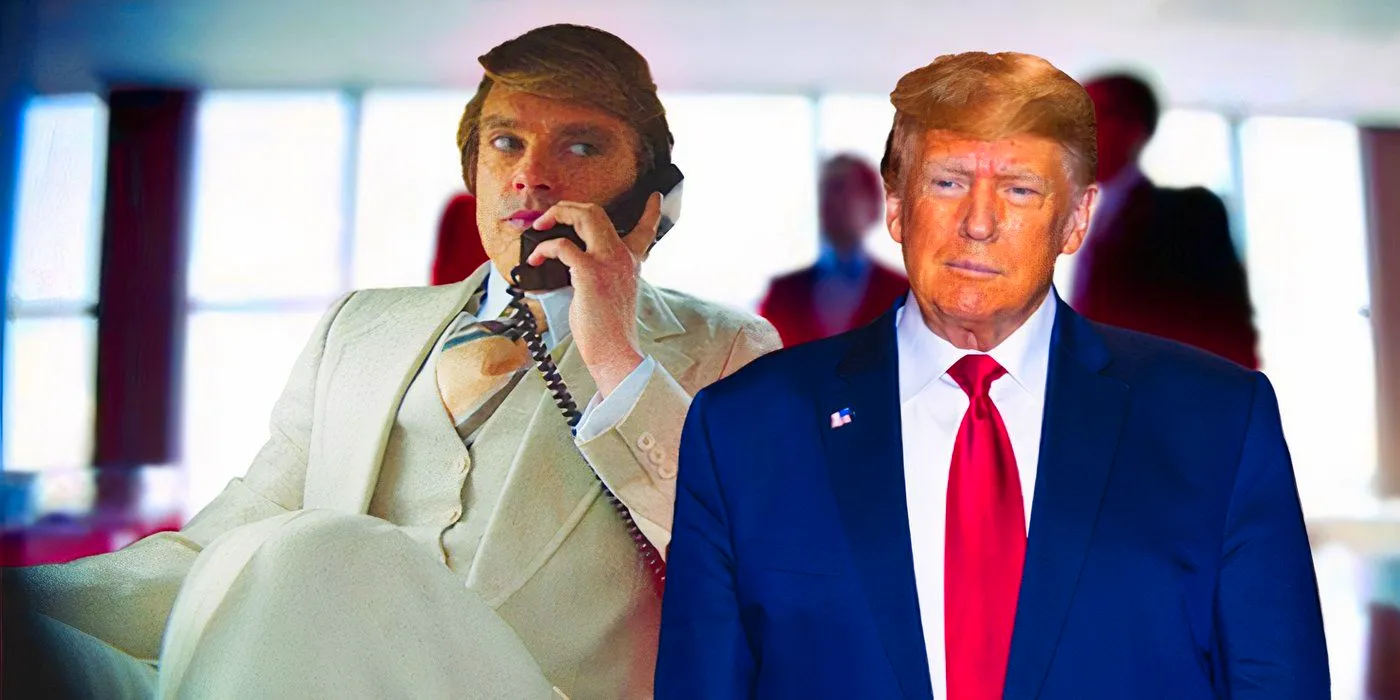 An image of Donald Trump beside Sebastian Stan's Trump in The Apprentice 2024 Image