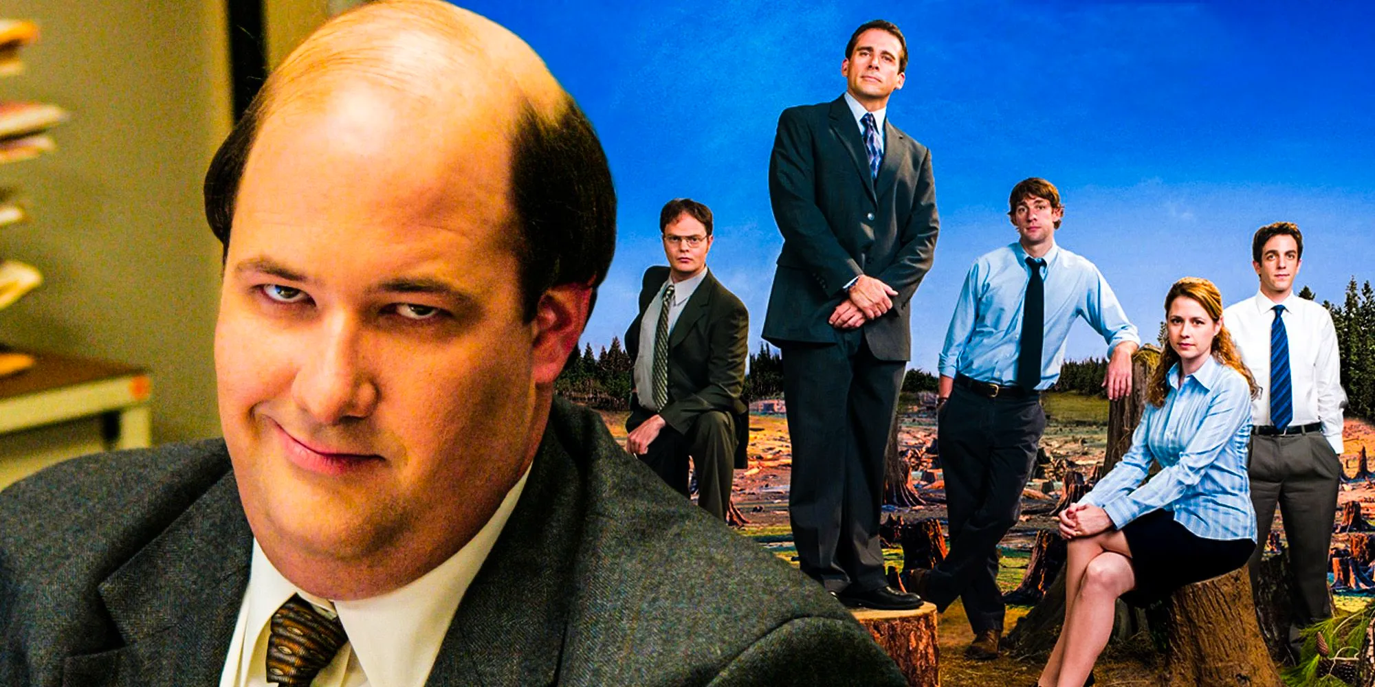 An image of Kevin looking smugly in a composite with a cast photo from The Office Image