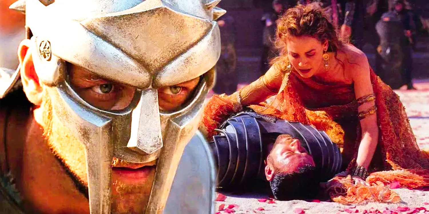 An image of Maximus lying on the floor in the arena in Gladiator and Maximus wearing a helmet Image