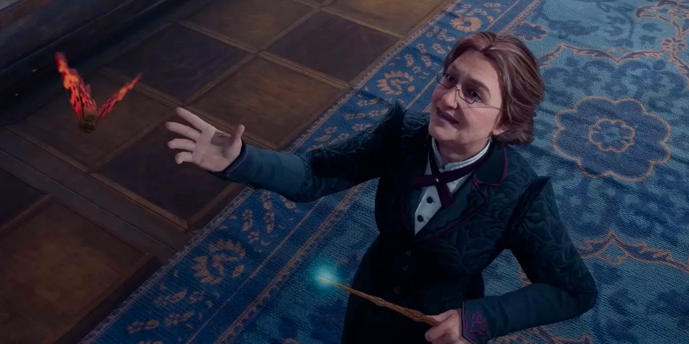 An image of Professor Weasley holding out her hand to a butterfly in the air as her wand glows blue. Image