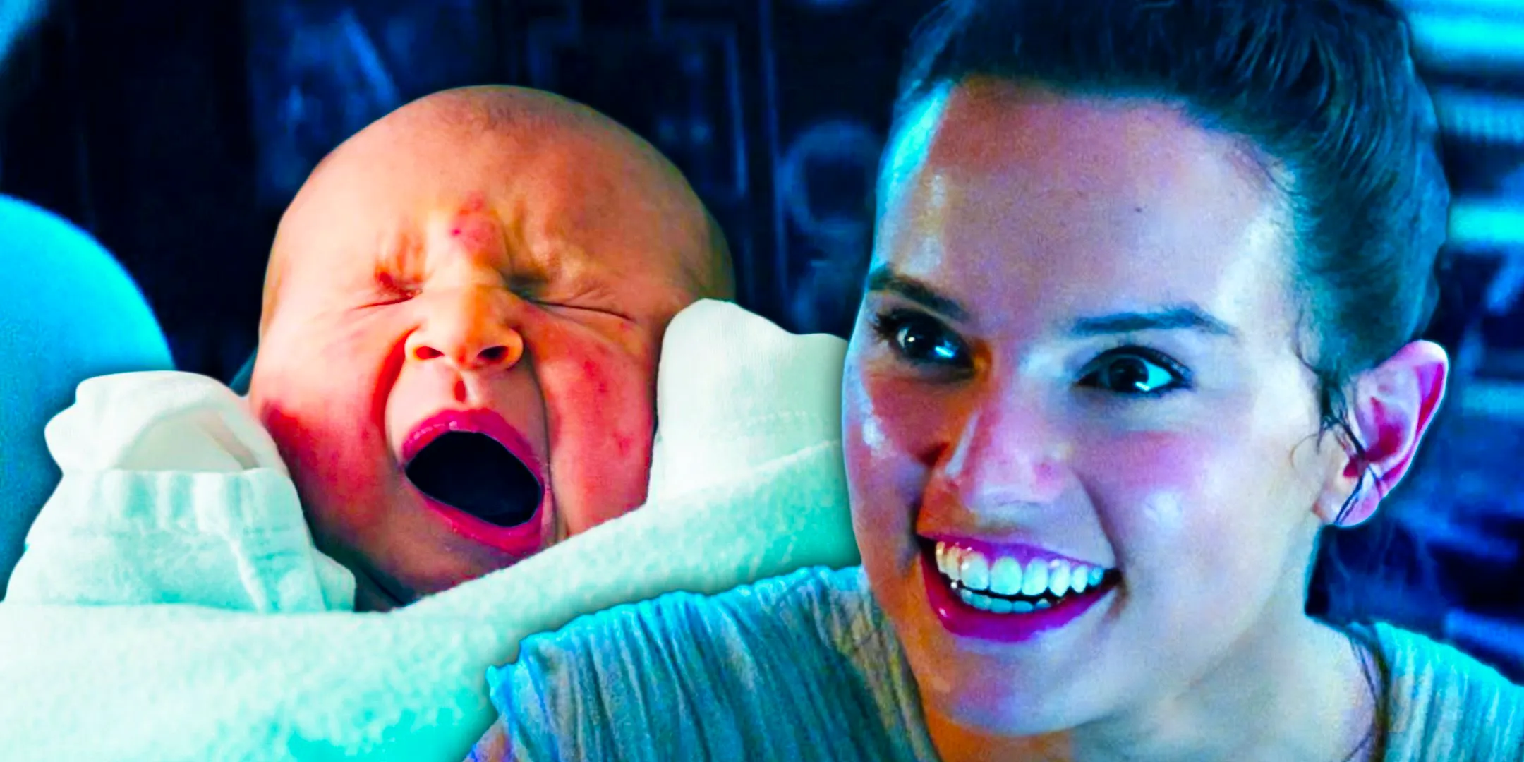 An image of Rey smiling next to a crying baby Image