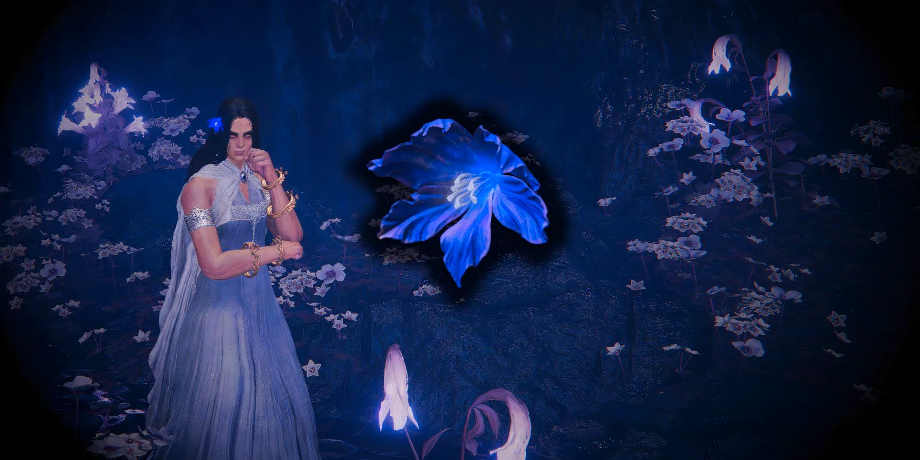 An image of St. Trina's Blossom, a flower helm in Elden Ring: Shadow of the Ertree, with a character in the background wearing the blossom. Image