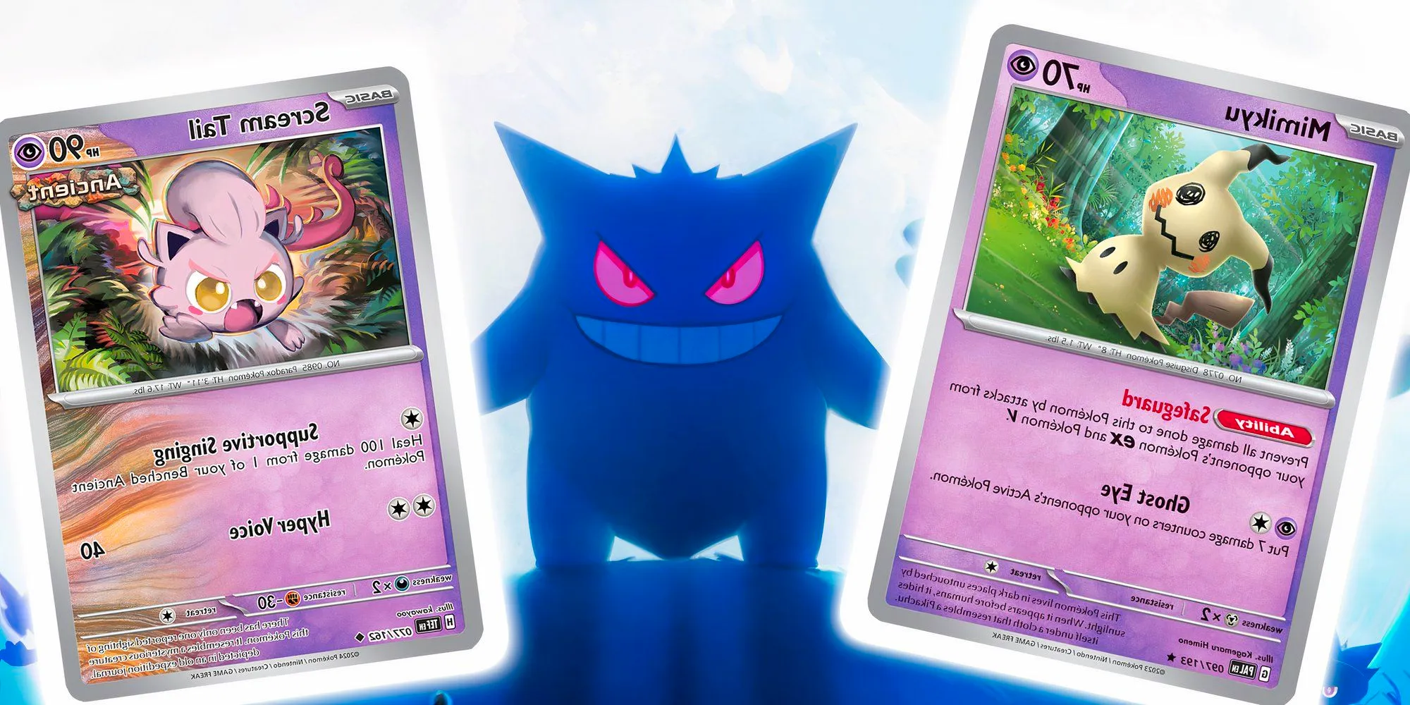 An image of the Pokémon Gengar surrounded by two Pokémon trading cards Image