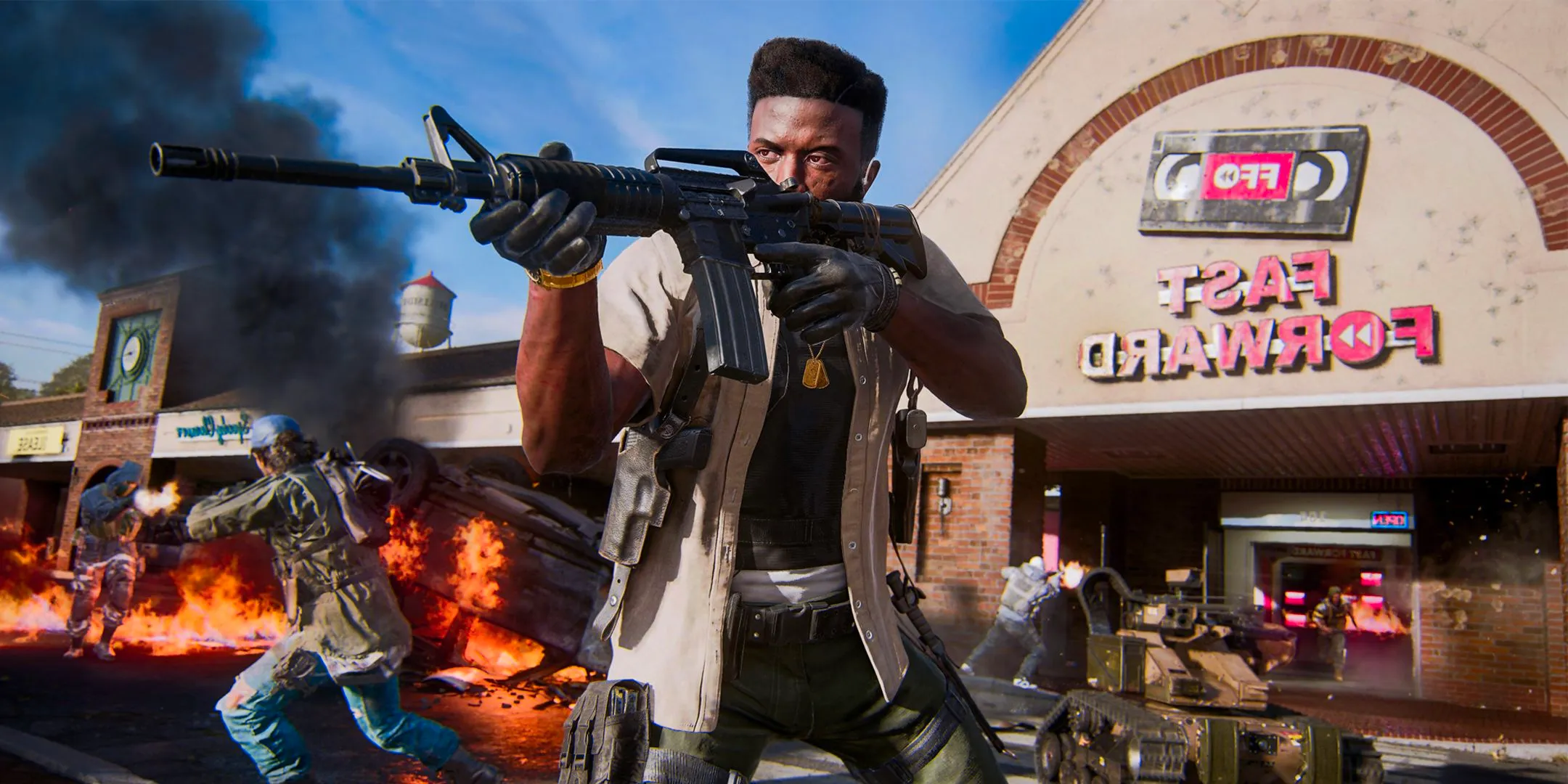 An operator aiming an assault rifle outside of a strip mall in Black Ops 6 Multiplayer. Image