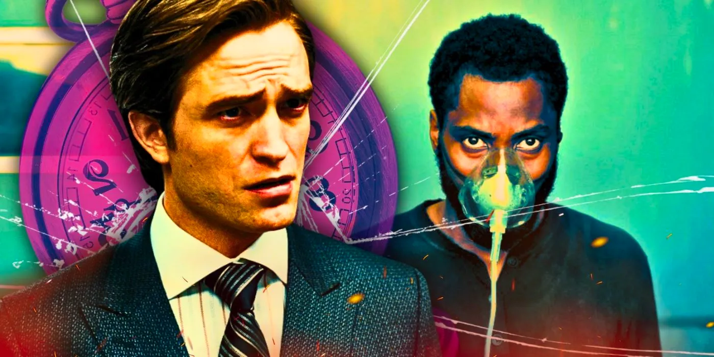 An SR custom image showing Robert Pattinson and John David Washington in Tenet, with imagery of a clock behind them  Image