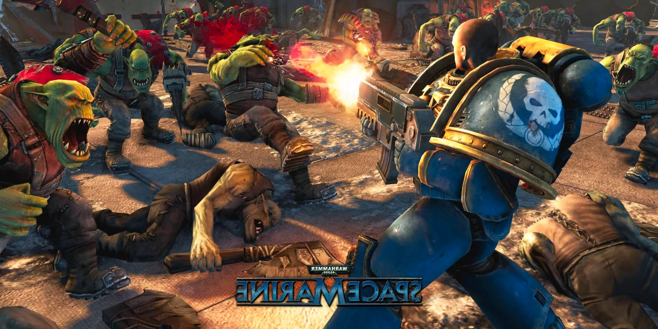 An Ultramarine shooting a horde of Orcs in Warhammer 40,000: Space Marine. Image