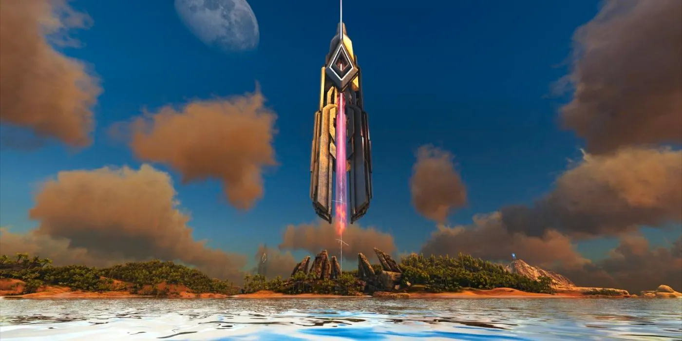 An unobscured obelisk floats in the sky over an island in a screenshot from Ark. Image