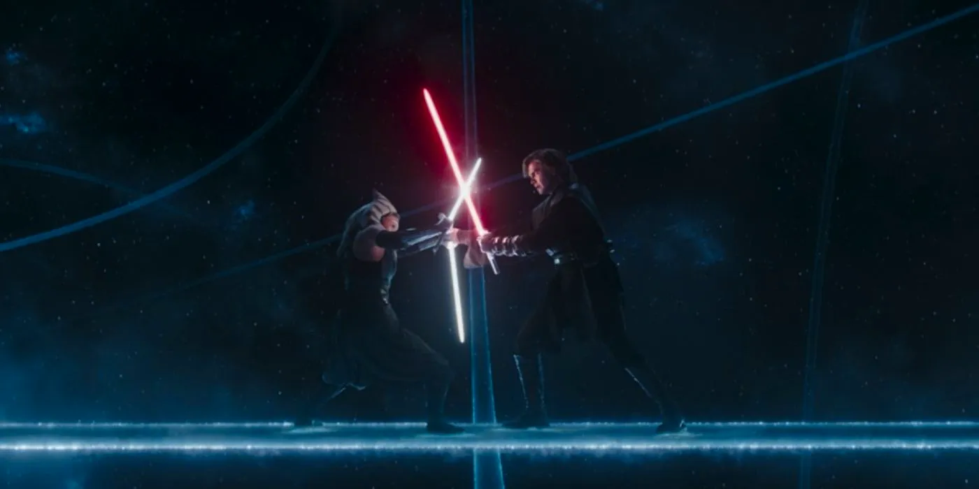 Anakin and Ahsoka clash lightsabers in the World Between Worlds in the Ahsoka show Image