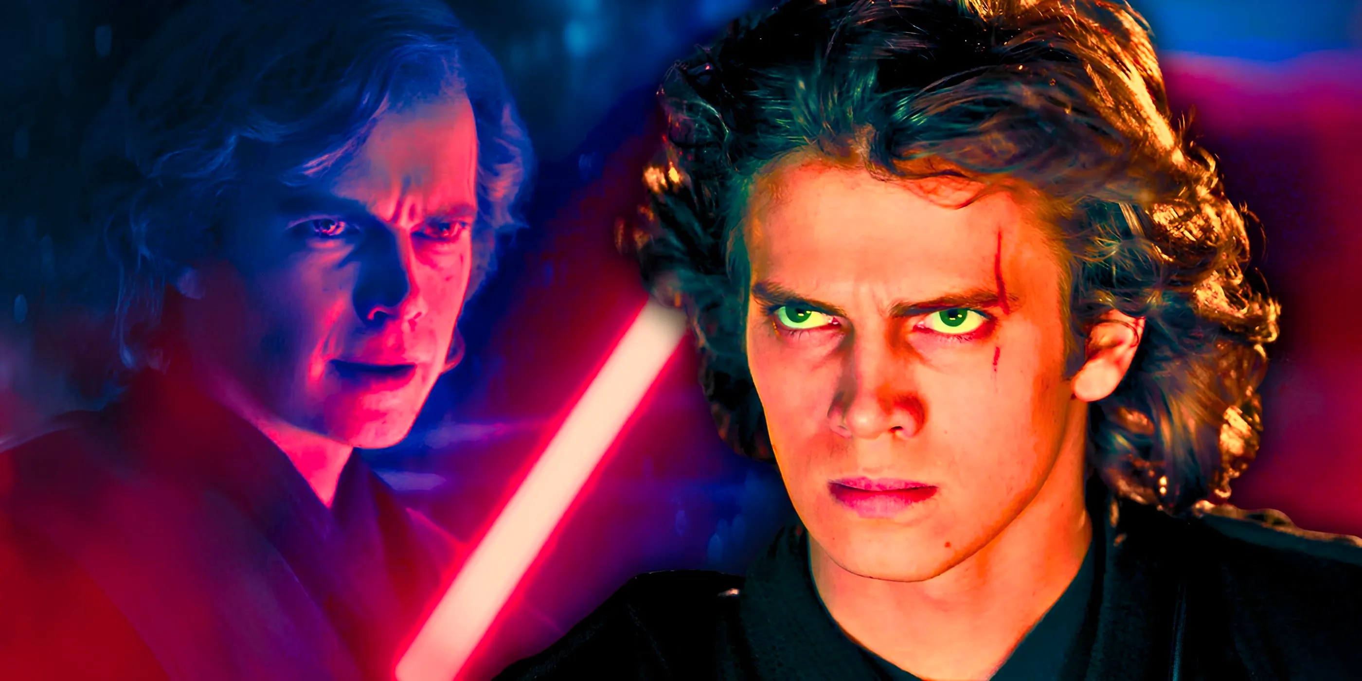 Anakin glaring in Revenge of the Sith to the left and Anakin from the Ahsoka show wielding his red lightsaber to the right in a combined image Image