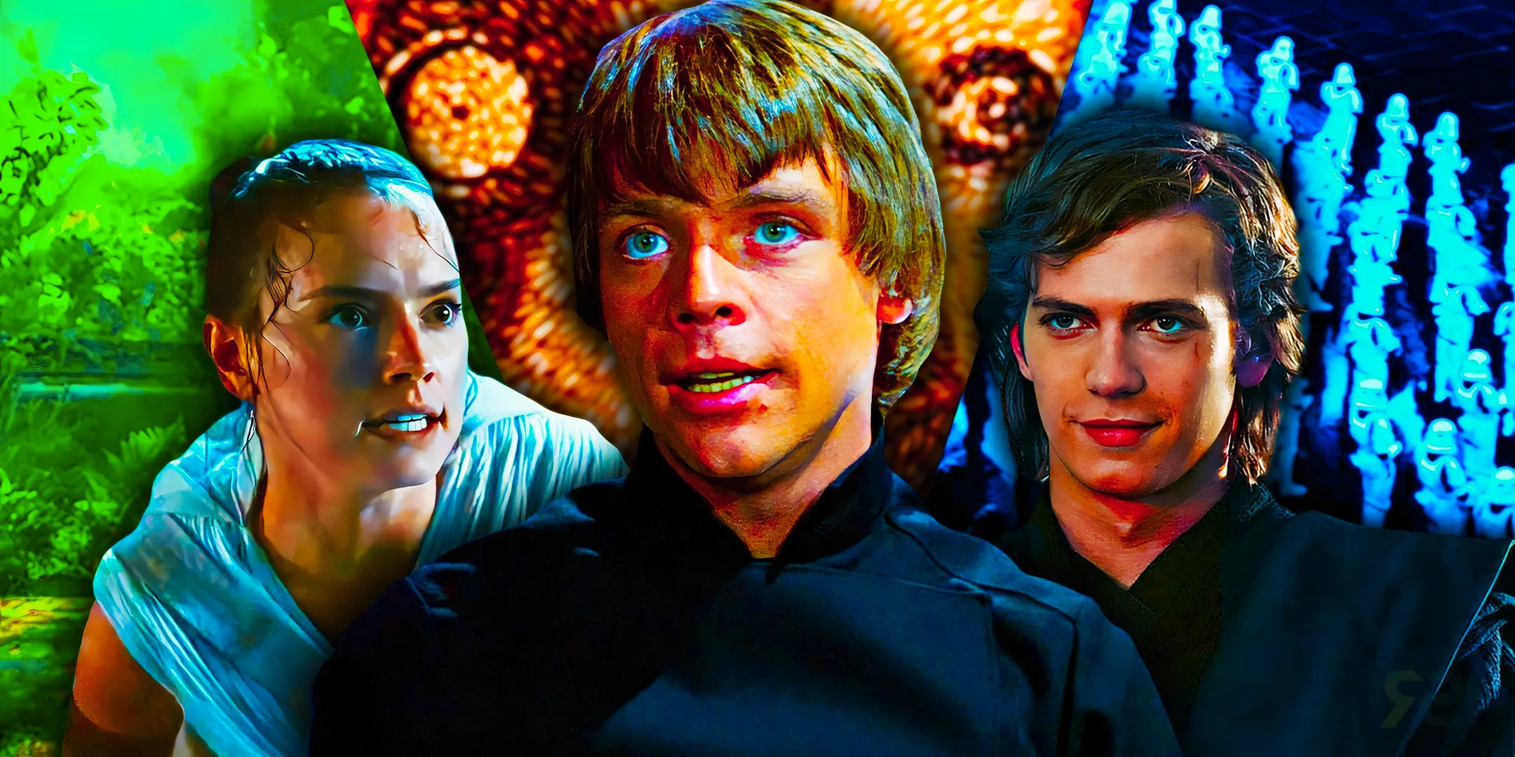 Anakin, Luke, and Rey Skywalker above various images of the Star Wars timeline Image