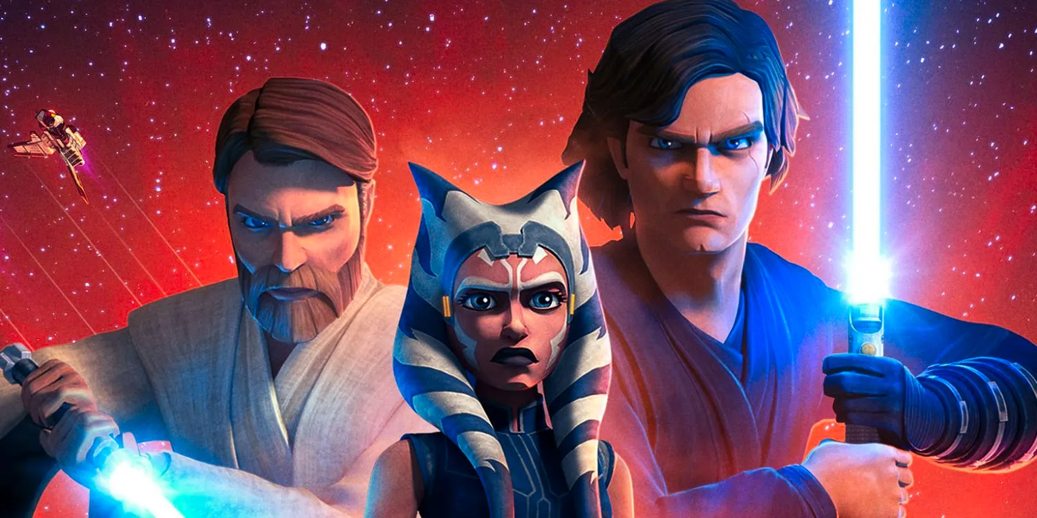 Anakin Skywalker, Ahsoka Tano, & Obi-Wan Kenobi standing together in season 7 of The Clone Wars Image