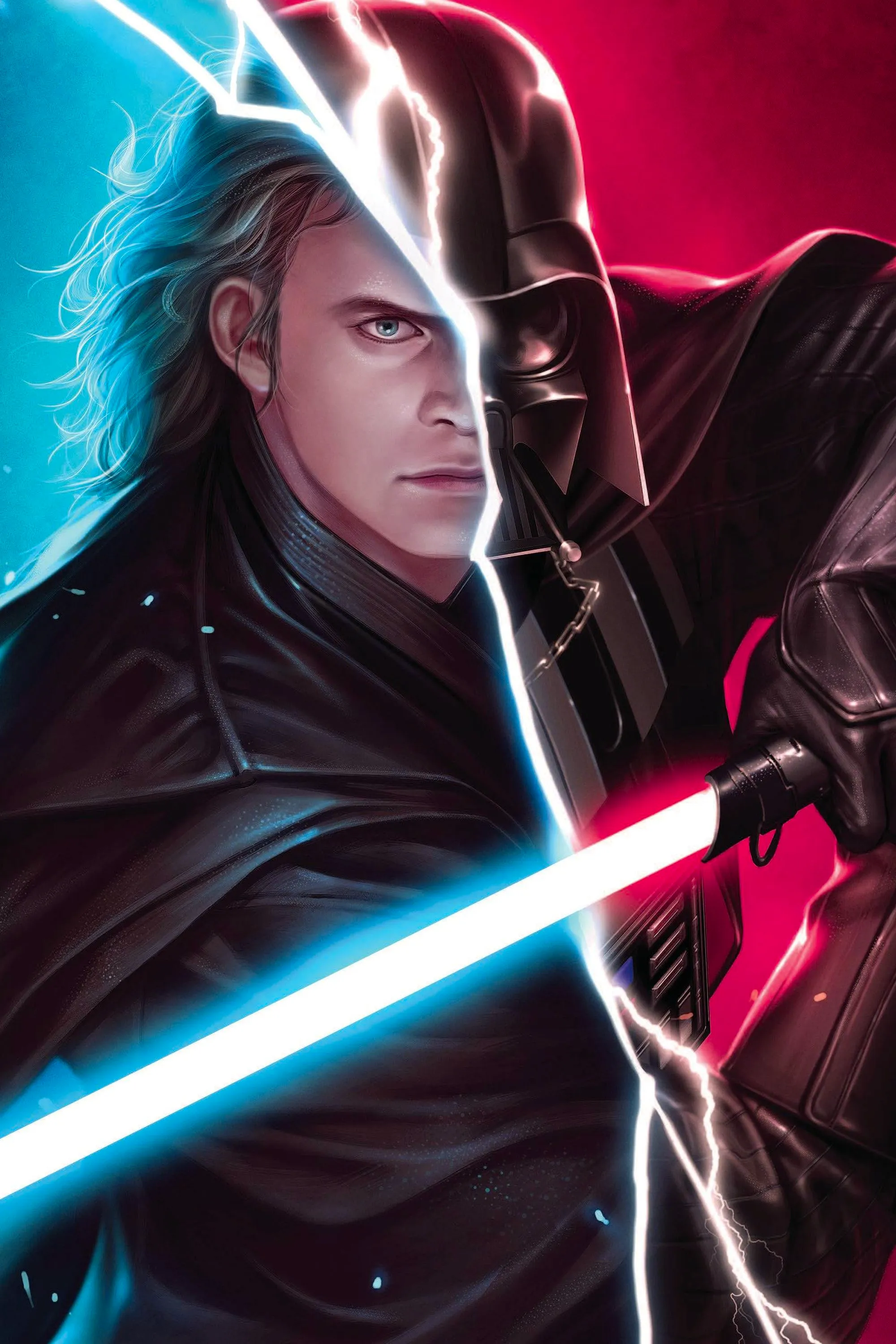 Anakin Skywalker and Darth Vader Split By a Lightning Bolt Image