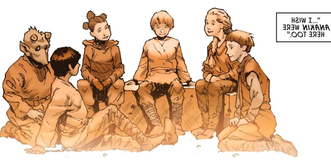 Anakin Skywalker as a child sitting with his friends. Image