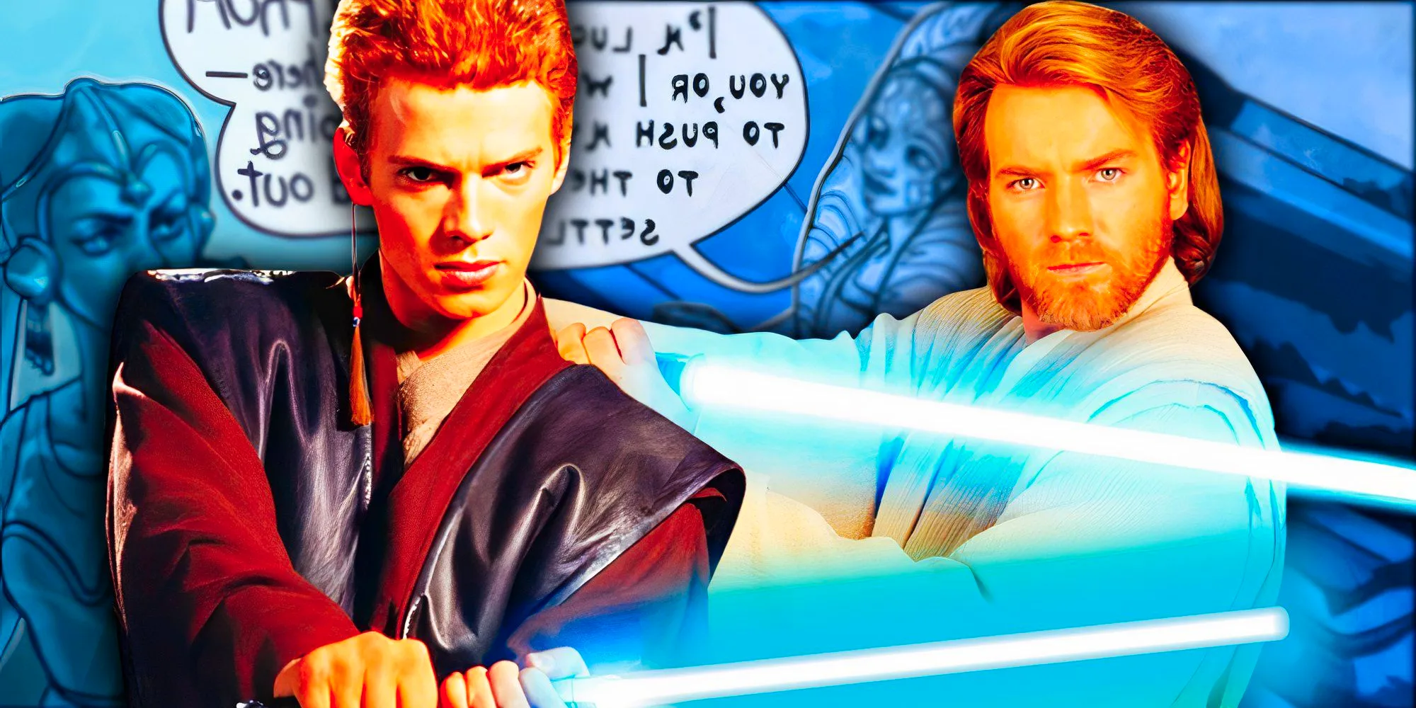 Anakin Skywalker (Hayden Christensen) and Obi-Wan Kenobi (Ewan McGregor) wield their blue lightsabers in a photoshoot for Attack of the Clones. They're edited over a Star Wars comic in the background. Image