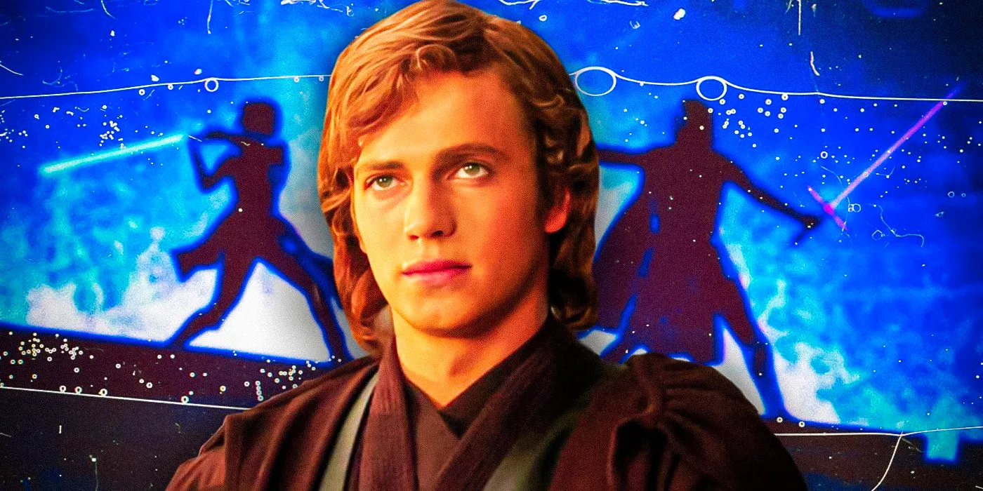 Anakin Skywalker in Revenge of the Sith in front of a blurry image of Rey and Kylo Ren fighting in the Rise of Skywalker  Image