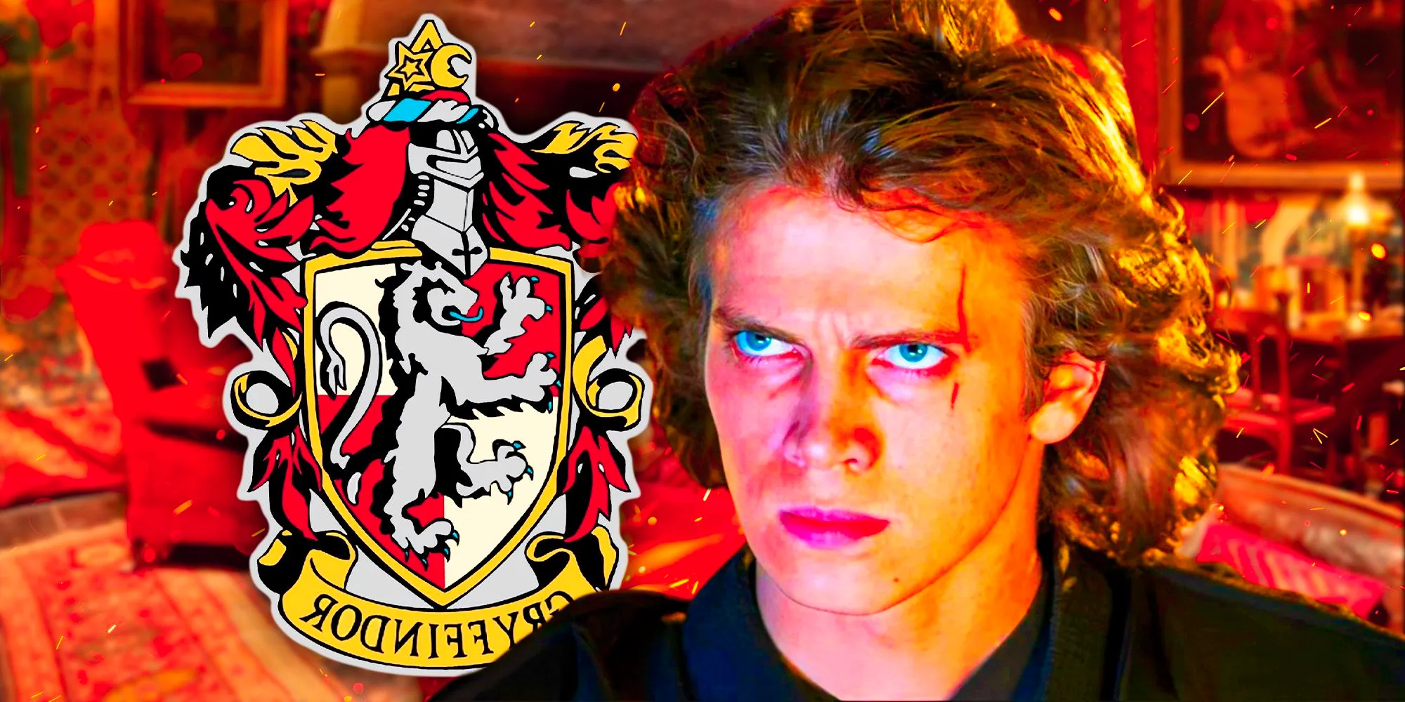 Anakin Skywalker looking angry from Revenge of the Sith to the left and the Gryffindor shield from Harry Potter to the right Image