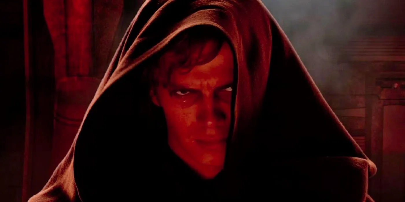 Anakin Skywalker staring at the camera with a hood on and an angry look on his face right after he agreed to become Palpatine's apprentice in Star Wars Episode III Revenge of the Sith Image