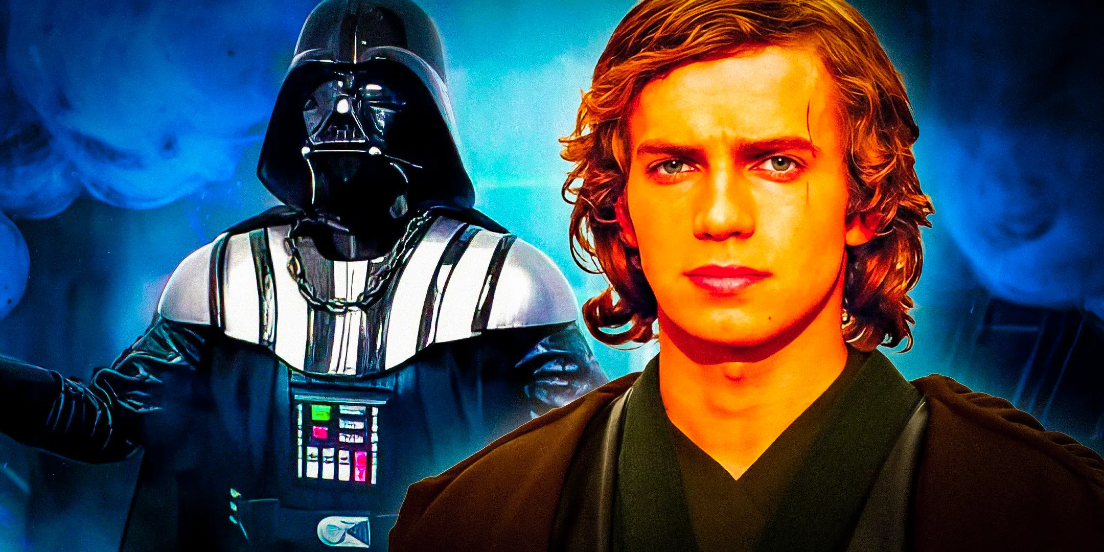 Anakin Skywalker to the left and Darth Vader to the right in front of a blue background Image