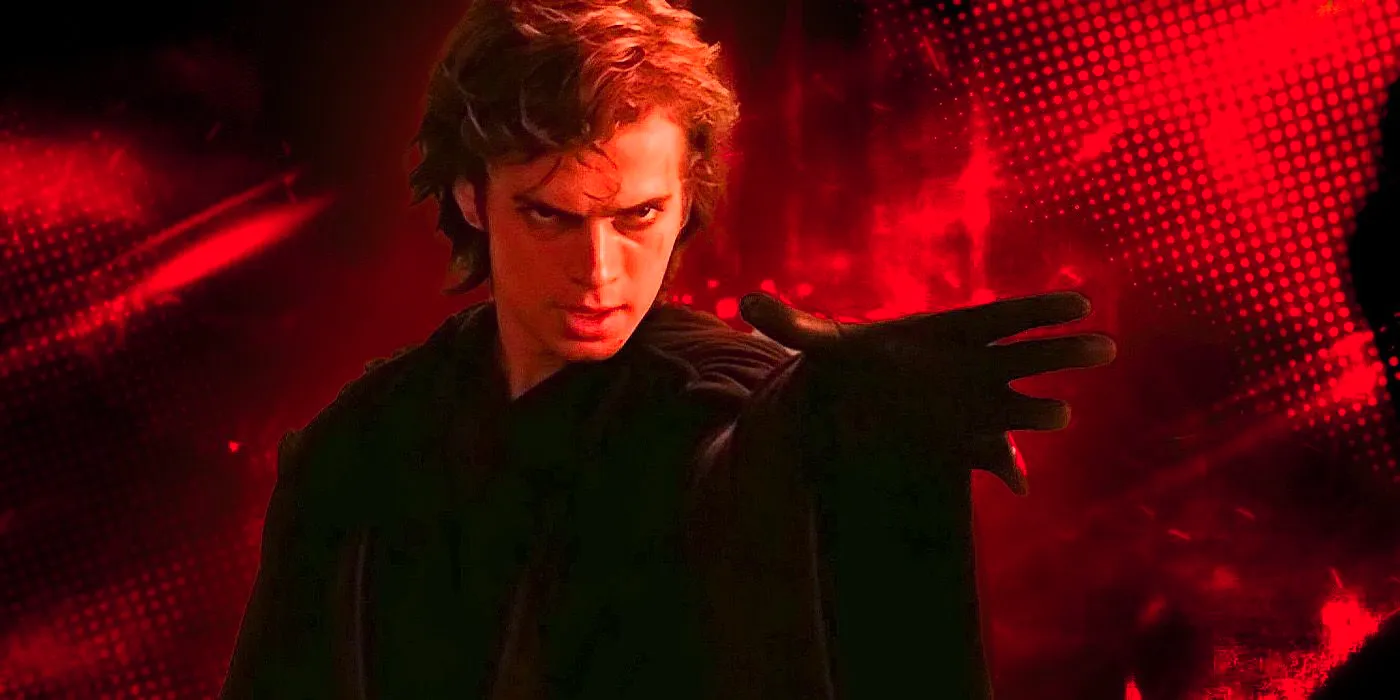 Anakin Skywalker using Force choke in Revenge of the Sith in front of a vibrant red background Image