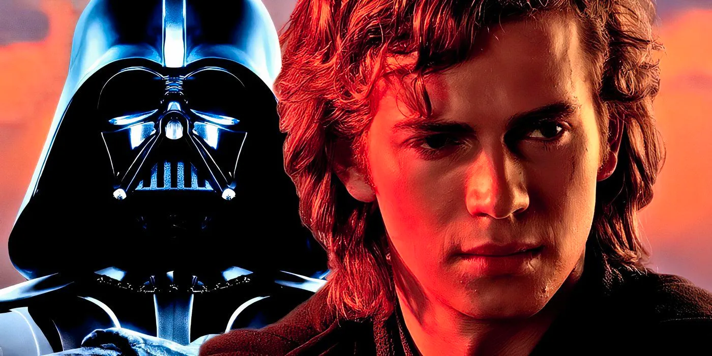 Anakin Skywalker with Darth Vader looming behind him. Image