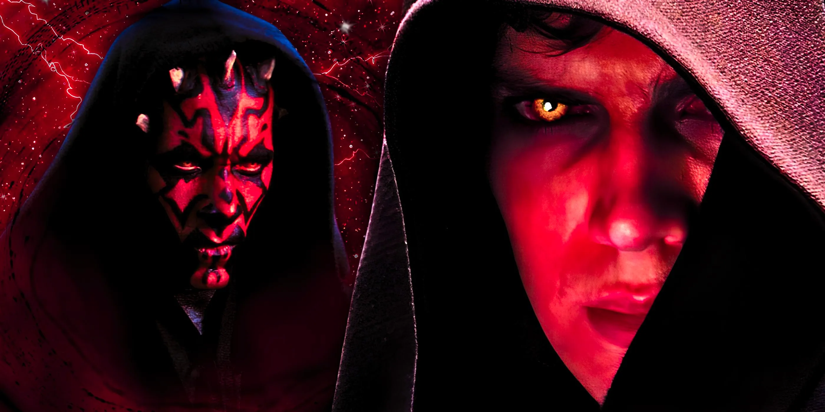 Anakin Skywalker with yellow Sith eyes in Star Wars: Episode III - Revenge of the Sith and Darth Maul in Star Wars: Episode I - The Phantom Menace standing in front of a red background with lightning. Image