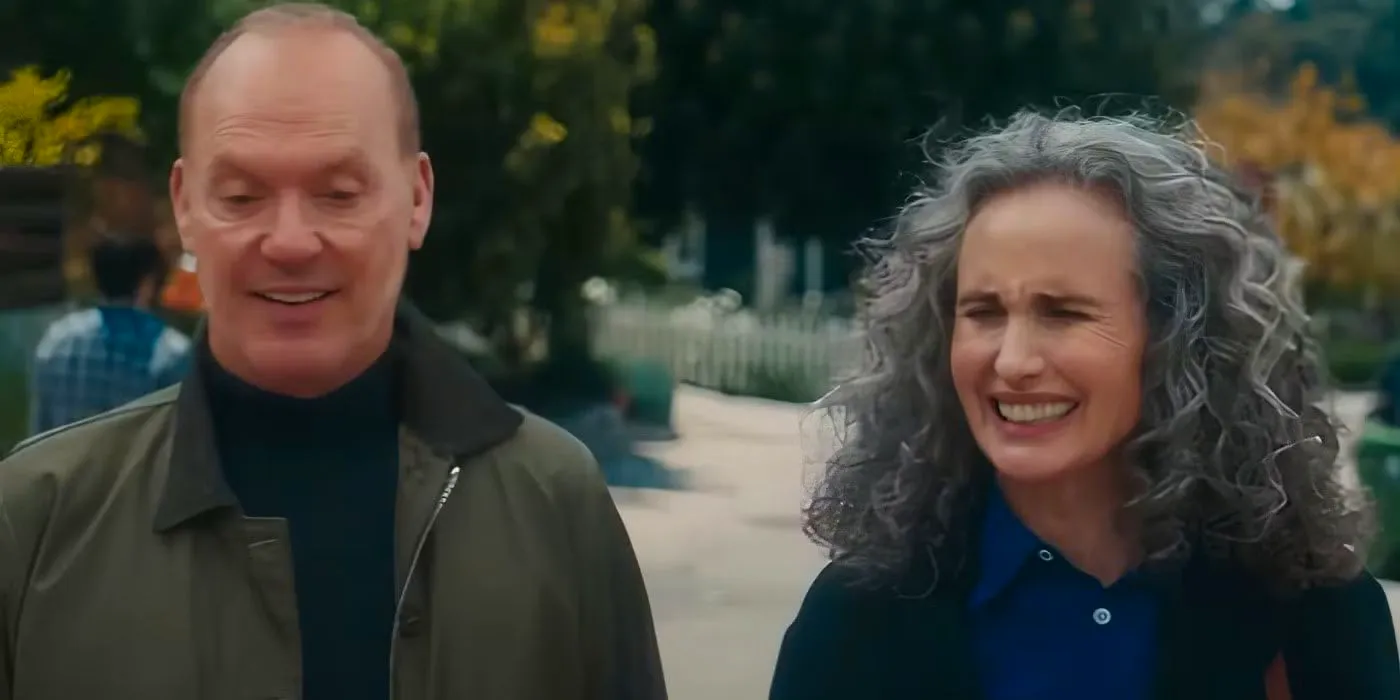 Andie MacDowell & Michael Keaton laughing during Goodrich Image