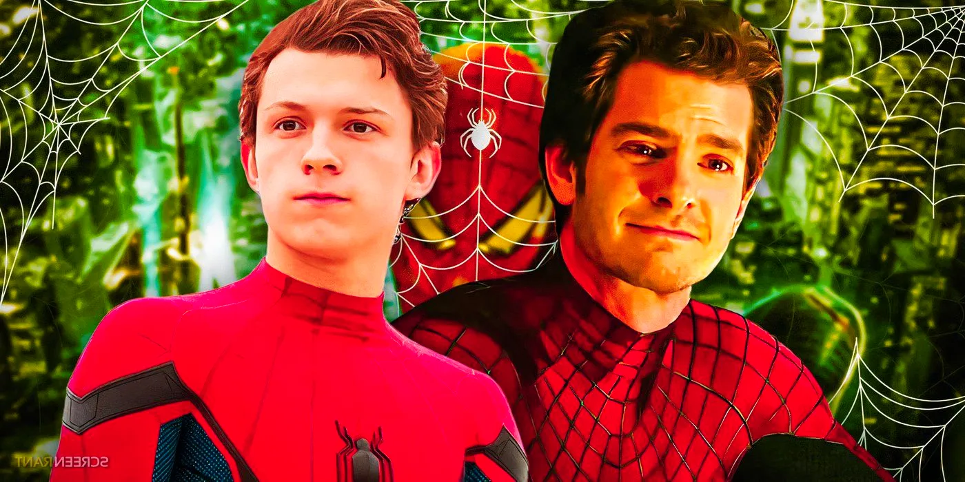 Andrew Garfield and Tom Holland's Spider-Men with a webbing background that includes a poster from The Amazing Spider-Man Image