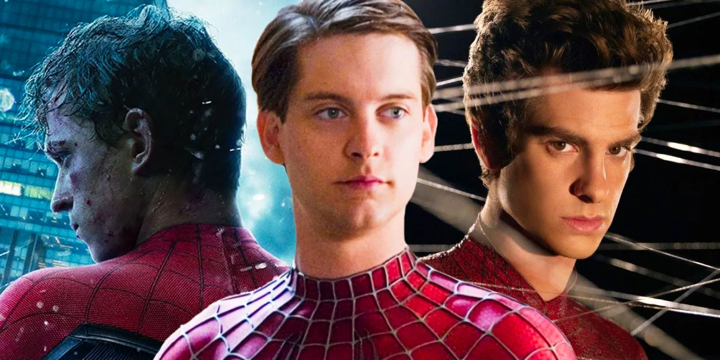 Andrew Garfield (left); Toby Maguire (center); and Tom Holland (right); live-action versions of Peter Parker. Image