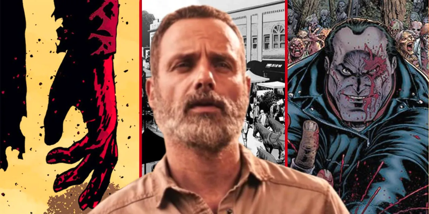 Andrew Lincoln as Rick Grimes in The Walking Dead (2010--2022) above images from the original comic books Image