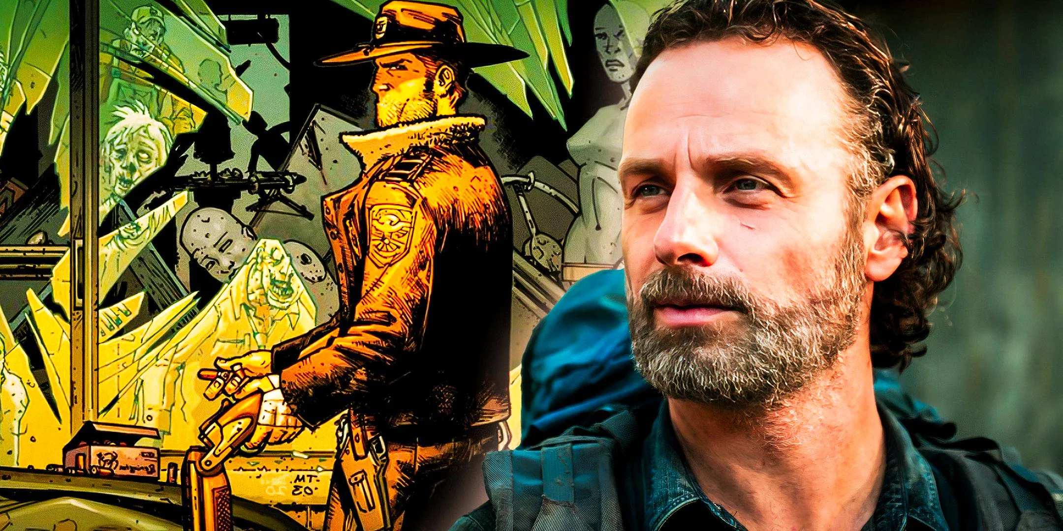 Andrew Lincoln as Rick Grimes in The Walking Dead next to Rick Grimes in The Walking Dead comics Image