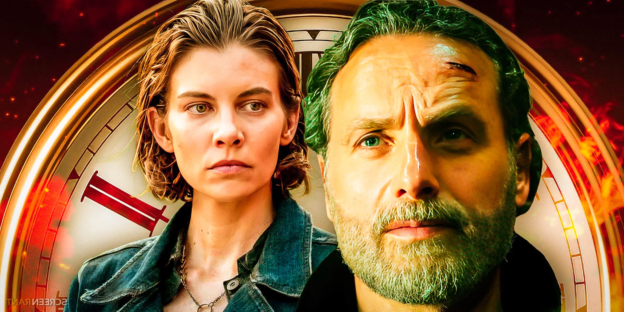 Andrew Lincoln as Rick in The Walking Dead and Lauren Cohan as Maggie in front of a clock. Image