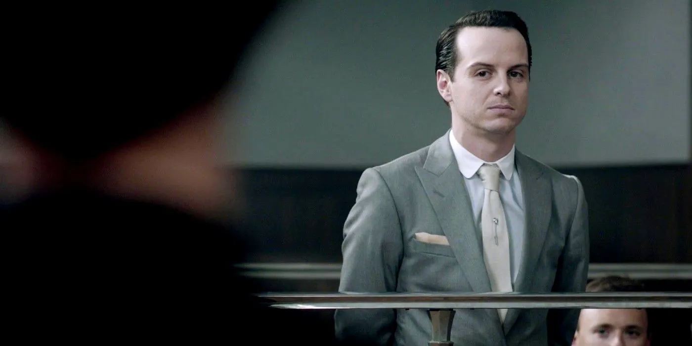 Andrew Scott as Jim Moriarty on trial in BBC's Sherlock Image