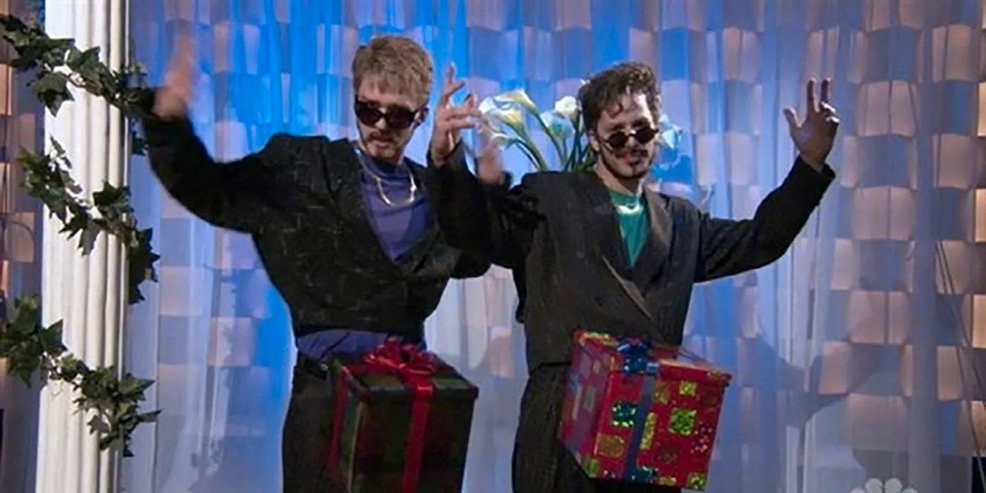 Andy Samberg and Justin Timberlake pose in the Dick in a Box Sketch from SNL Image