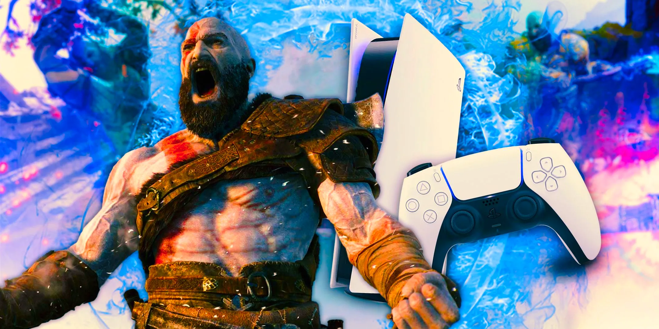 Angry Kratos from God of War Ragnarok with a PS5 behind him. Image