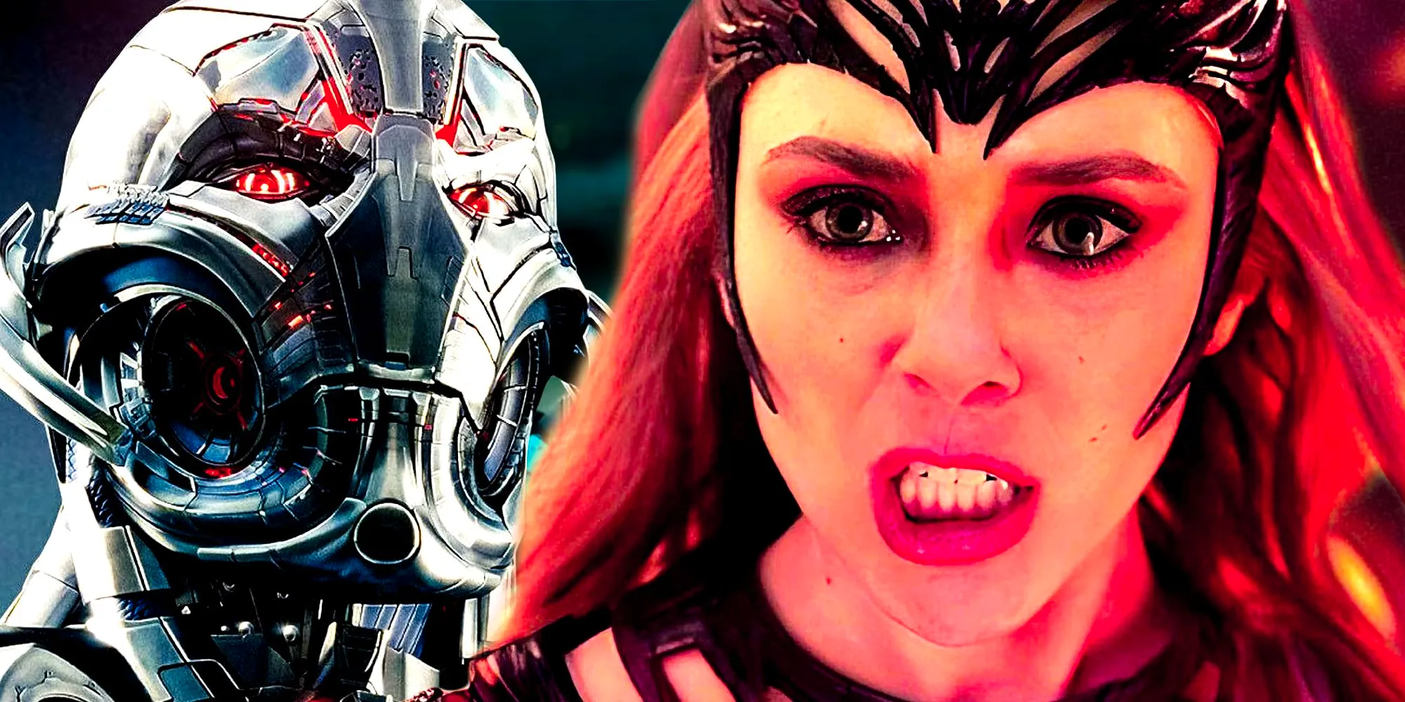 Angry Scarlet witch grins in Doctor Strange in the Multiverse of Madness and angry Ultron in Avengers_ Age of Ultron. Image