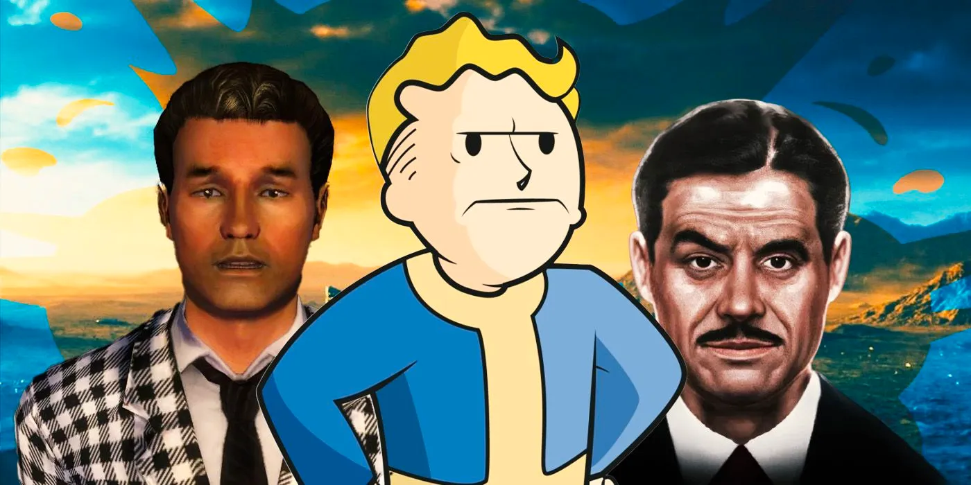 Angry Vault Boy in front of Benny and Mr. House from New Vegas. Image