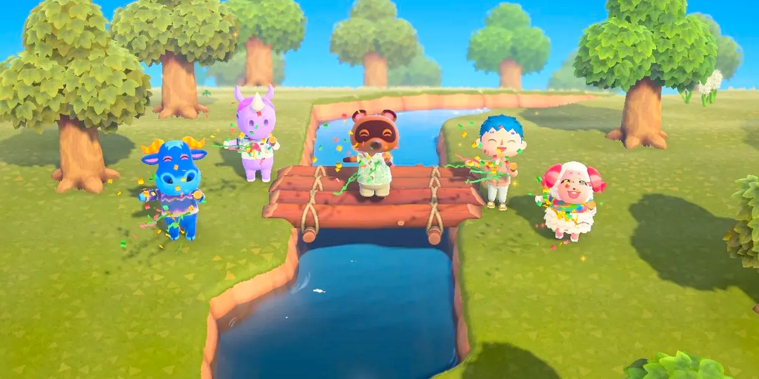 Animal Crossing New Horizons characters using party poppers on a new bridge Image