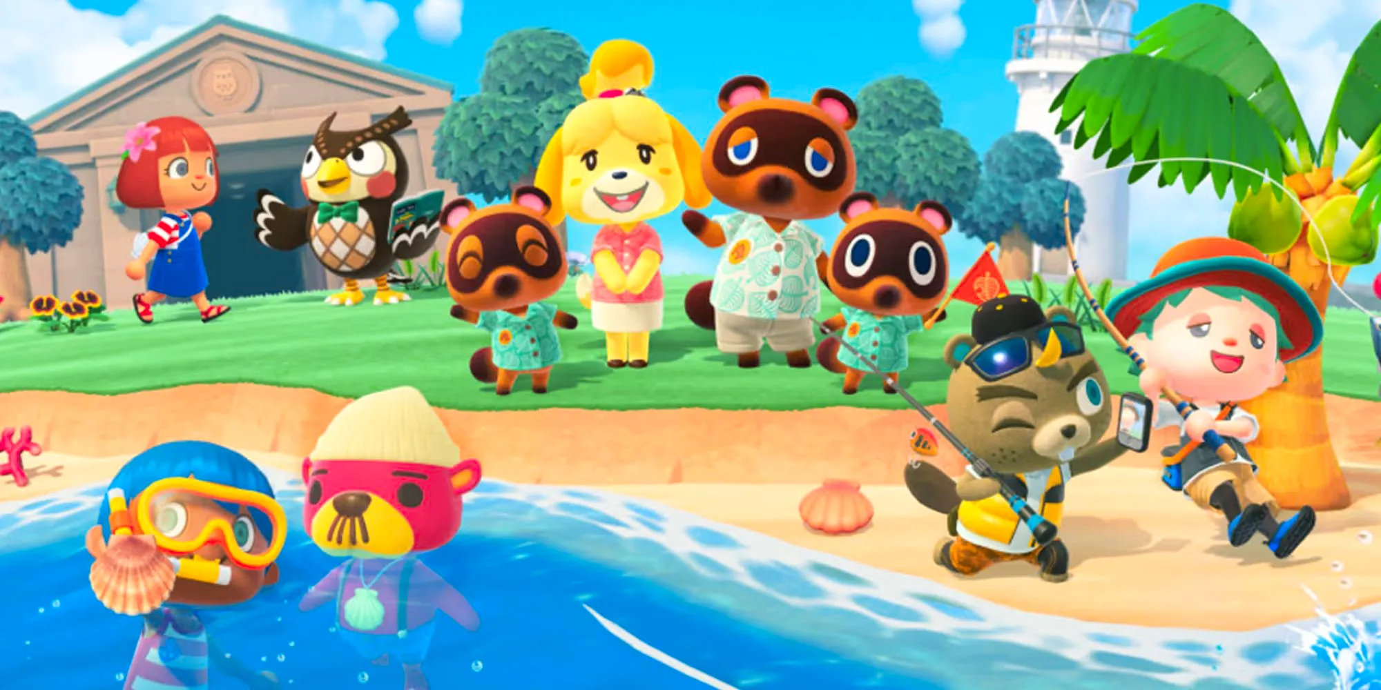 Animal Crossing New Horizons villagers at the beach. Image