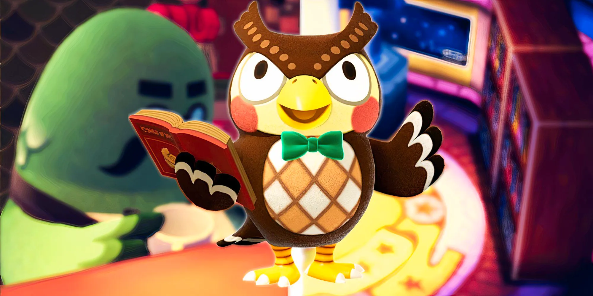 Animal Crossing's Blathers the owl holding a book and smiling, with Celeste's Obsarvatory and The Roost in the background Image